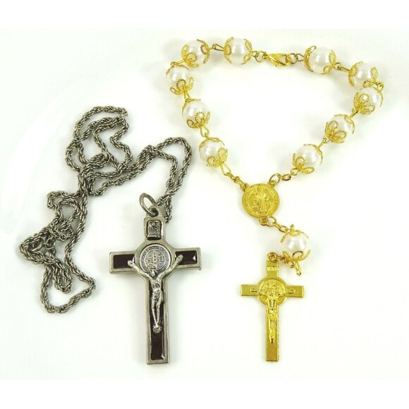 St Benedict Cross Pendant Necklace w/ White Tenner Single Decade Car Auto Rosary - Picture 1 of 6